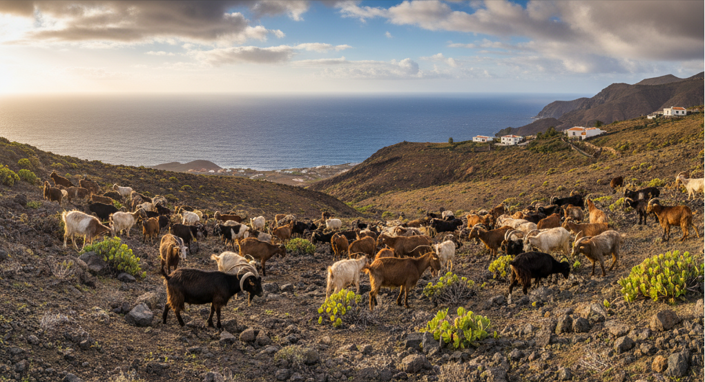 Ganadero de la cooperativa con su rebaño de cabras en un paisaje volcánico de El Hierro.